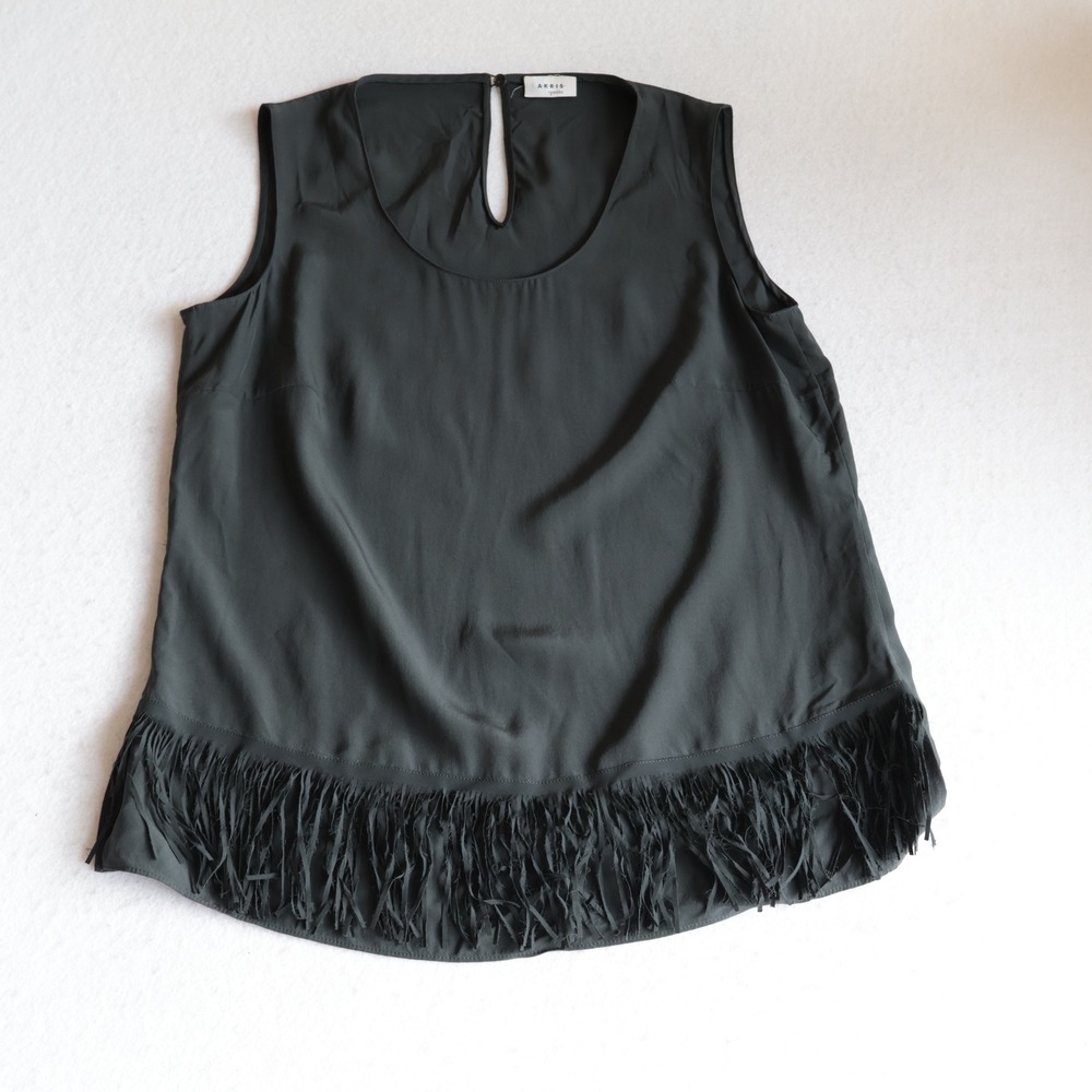 Akris Punto Women Black 100% Silk Fringe Hem Sleeveless Blouse Top US 8 - Picture 3 of 10